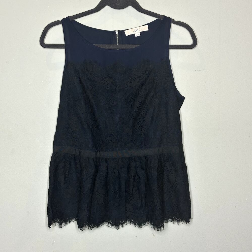 Loft Navy With Black Boat Neck Sleeveless Peplum Hem Lace Blouse Women's Size 6